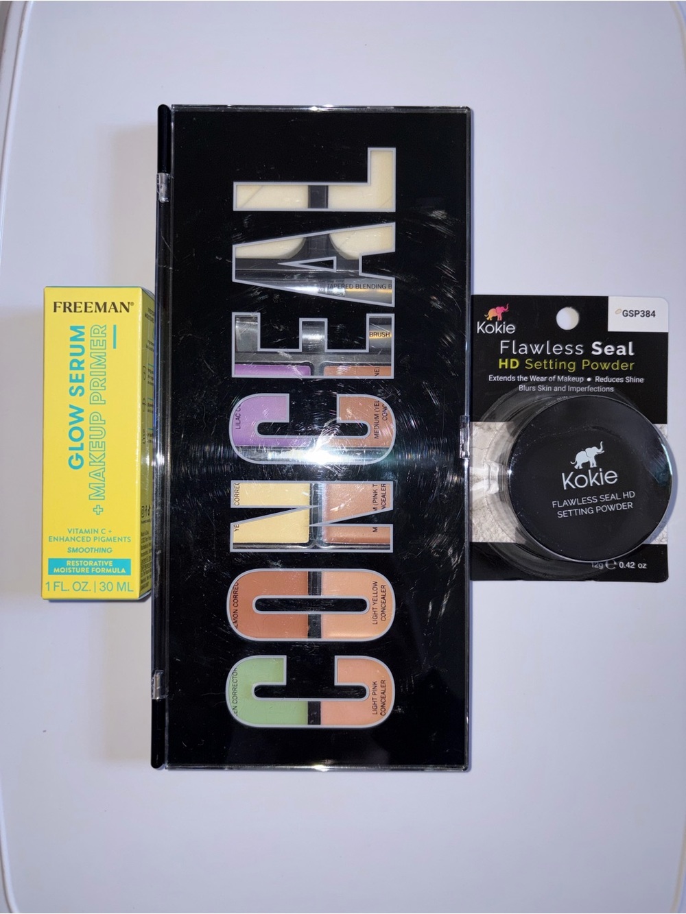 3PC Flawless Makeup Set: Freeman Primer, 8-Shade Concealer, Kokie Setting Powder